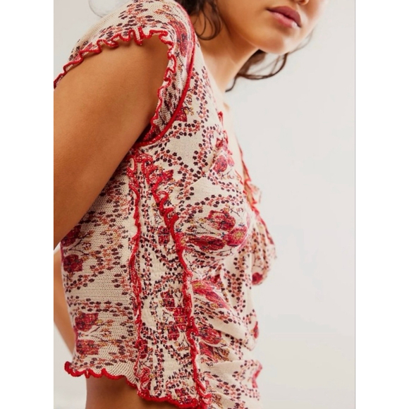Free People Oh My Baby Mesh Tee L NWOT Sheer Y2K Fairy Grunge Top Red Floral - Picture 3 of 8